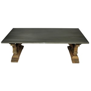 Pemberly Row Hand-Carved Solid Pine Cocktail Table with Zinc Top in Natural