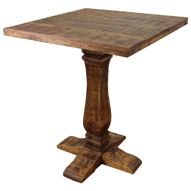 Pemberly Row Solid Wood Pedestal Bar Table with Industrial Elements in Brown