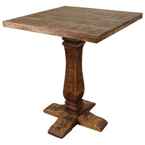 Pemberly Row Solid Wood Pedestal Bar Table with Industrial Elements in Brown