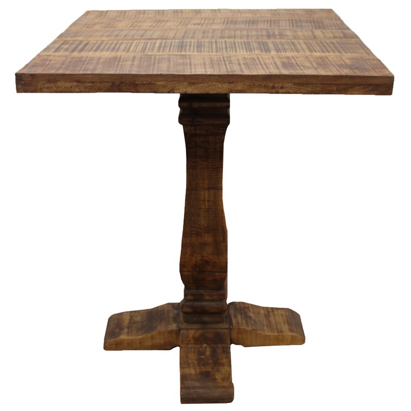 Pemberly Row Solid Wood Pedestal Bar Table with Industrial Elements in Brown