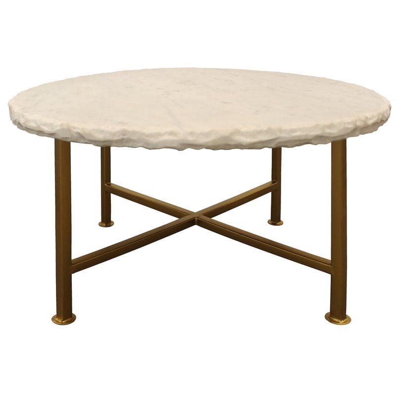 Pemberly Row White Marble Cocktail Table on Brass-Finished Cast Iron Base