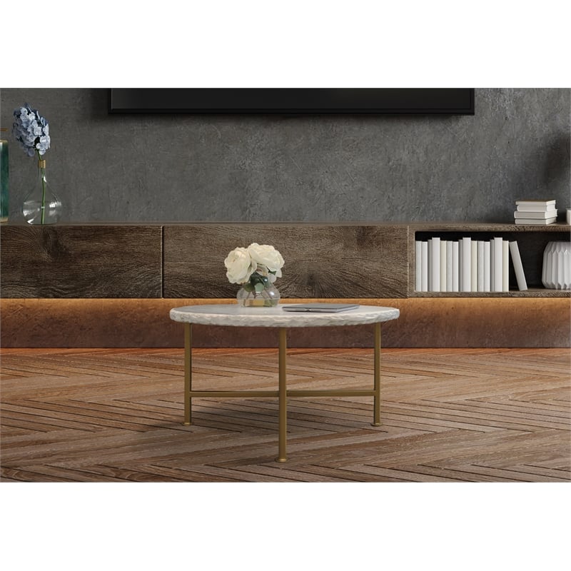 Pemberly Row White Marble Cocktail Table on Brass-Finished Cast Iron Base