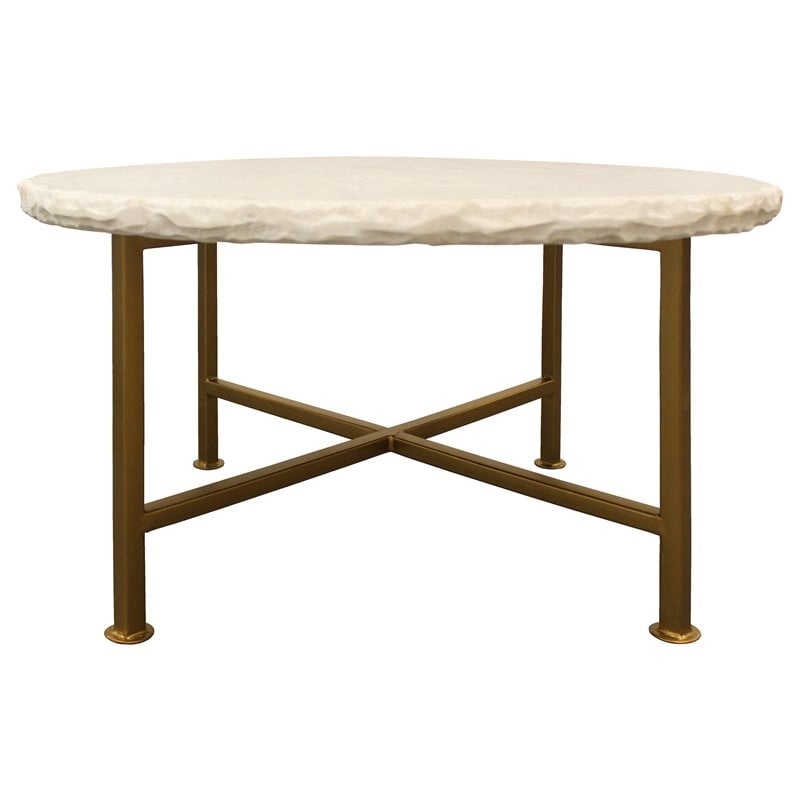 Pemberly Row White Marble Cocktail Table on Brass-Finished Cast Iron Base