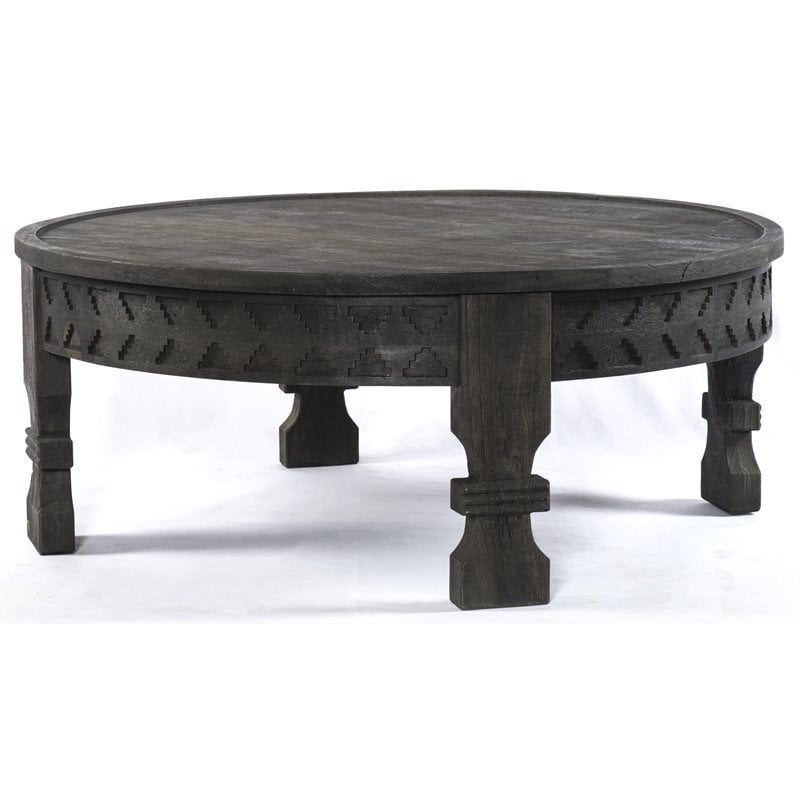 Pemberly Row Reclaimed Wood Hand-Carved Cocktail Table in Dark Gray