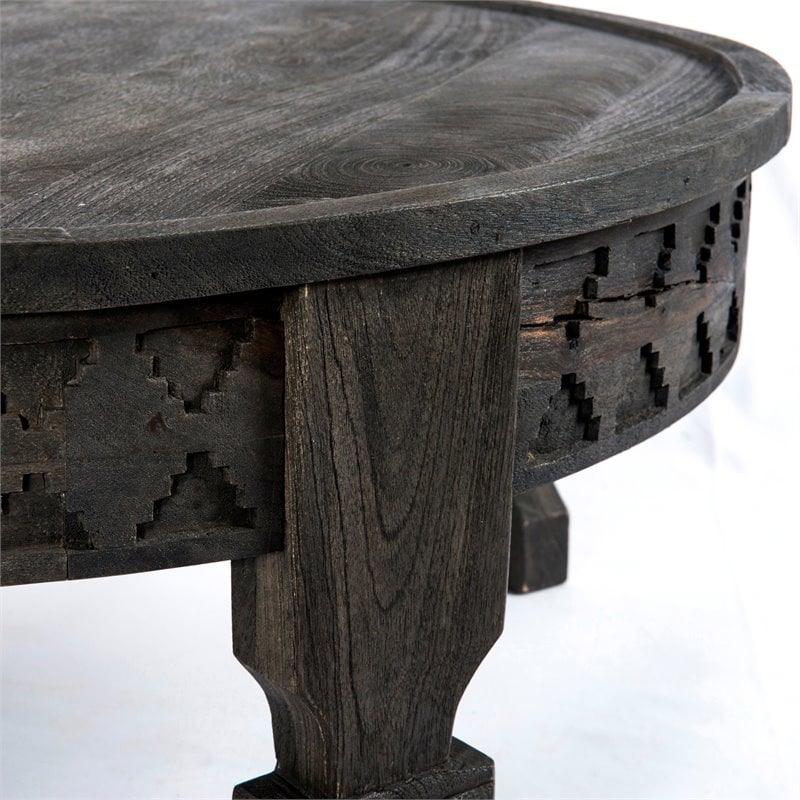 Pemberly Row Reclaimed Wood Hand-Carved Cocktail Table in Dark Gray