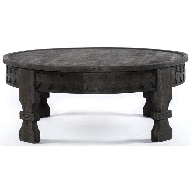 Pemberly Row Reclaimed Wood Hand-Carved Cocktail Table in Dark Gray