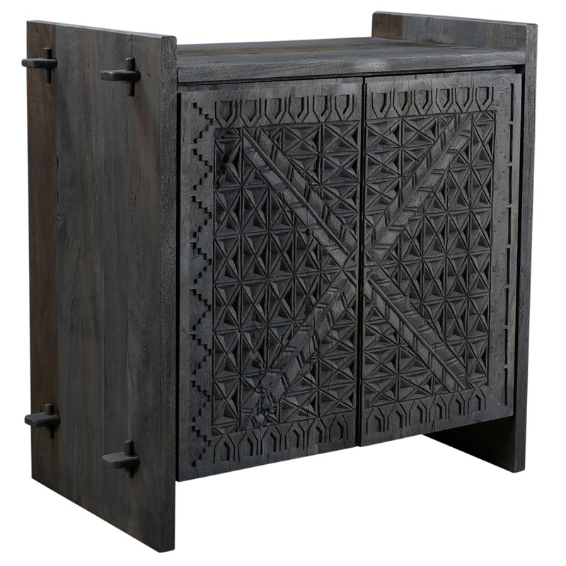 Pemberly Row Reclaimed Wood Hand-Carved 2-Door Sideboard in Dark Gray
