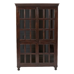 Pemberly Row Acacia Wood Cabinet with 4 Glass Doors and 5 Shelves in Light Brown