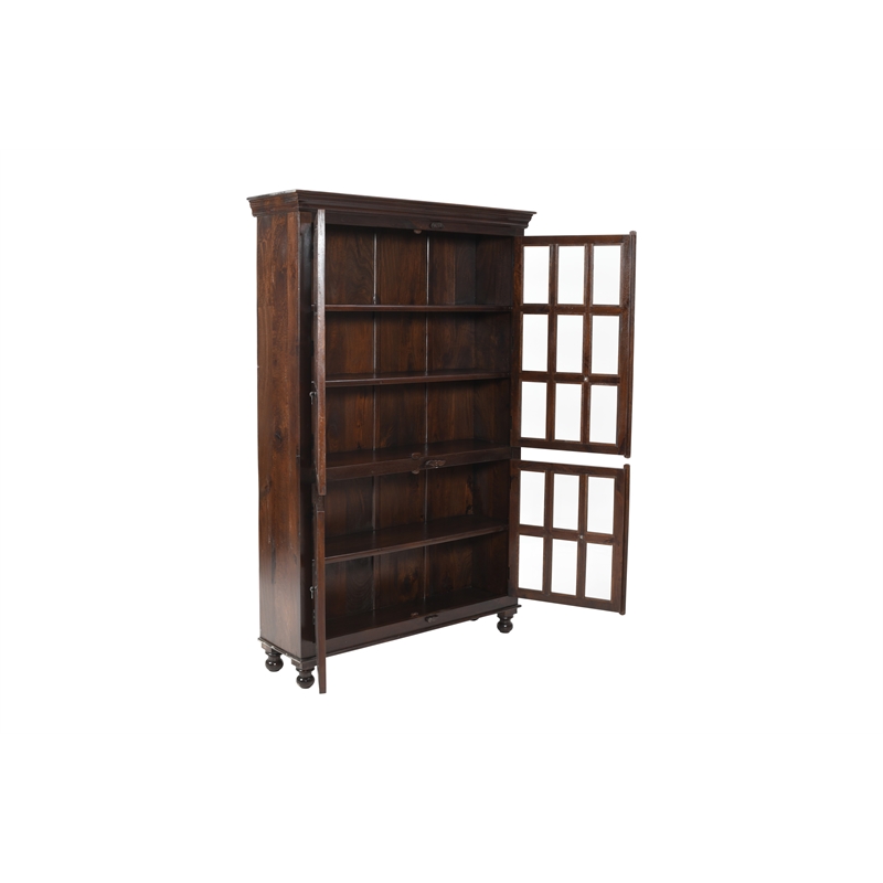 Pemberly Row Acacia Wood Cabinet with 4 Glass Doors and 5 Shelves in Light Brown
