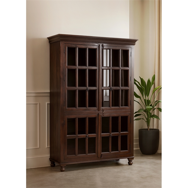Pemberly Row Acacia Wood Cabinet with 4 Glass Doors and 5 Shelves in Light Brown