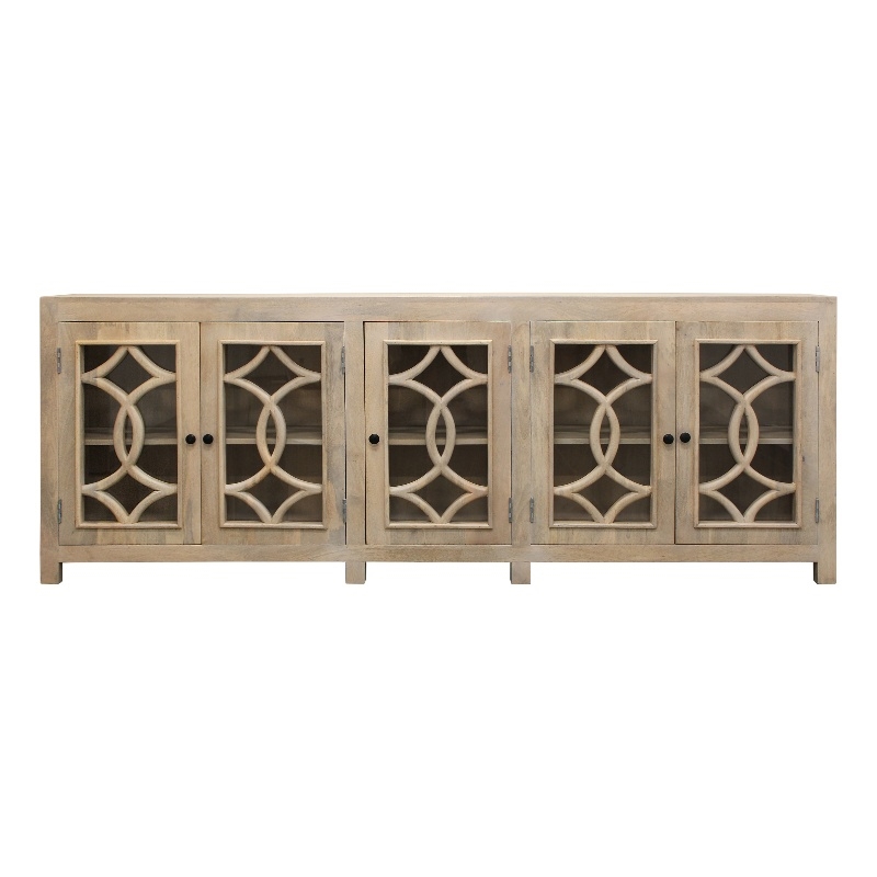 Pemberly Row 5-Door Mango Wood Sideboard with Glass & Wood Design in White Wash