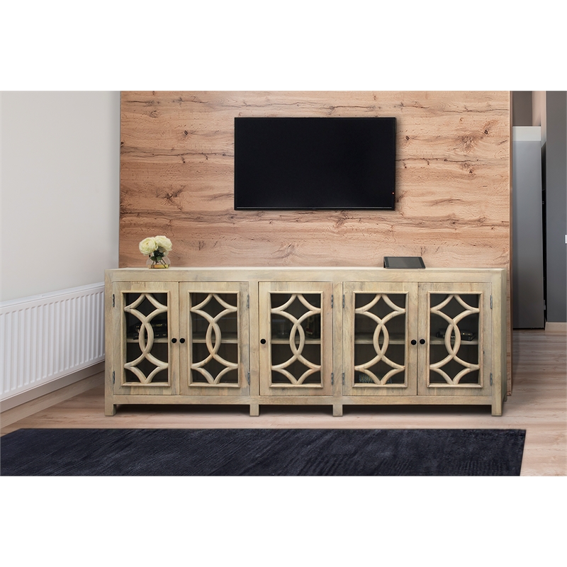 Pemberly Row 5-Door Mango Wood Sideboard with Glass & Wood Design in White Wash