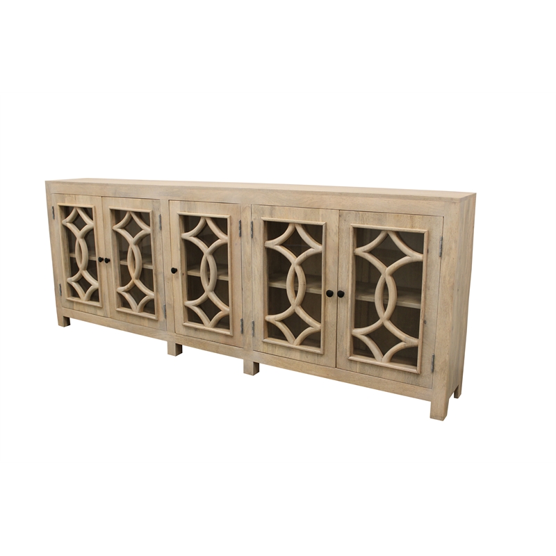 Pemberly Row 5-Door Mango Wood Sideboard with Glass & Wood Design in White Wash