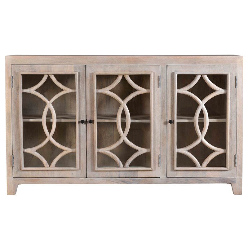 Pemberly Row 3-Door Mango Wood Sideboard with Glass Panels in White Wash