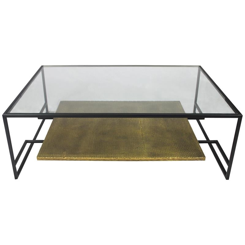 Pemberly Row Cast Iron Cocktail Table with Glass Top and Bronze Shelf in Black
