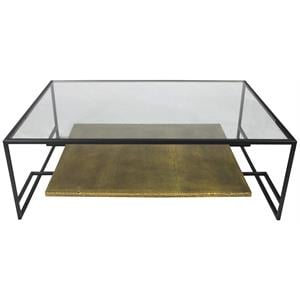 Pemberly Row Cast Iron Cocktail Table with Glass Top and Bronze Shelf in Black