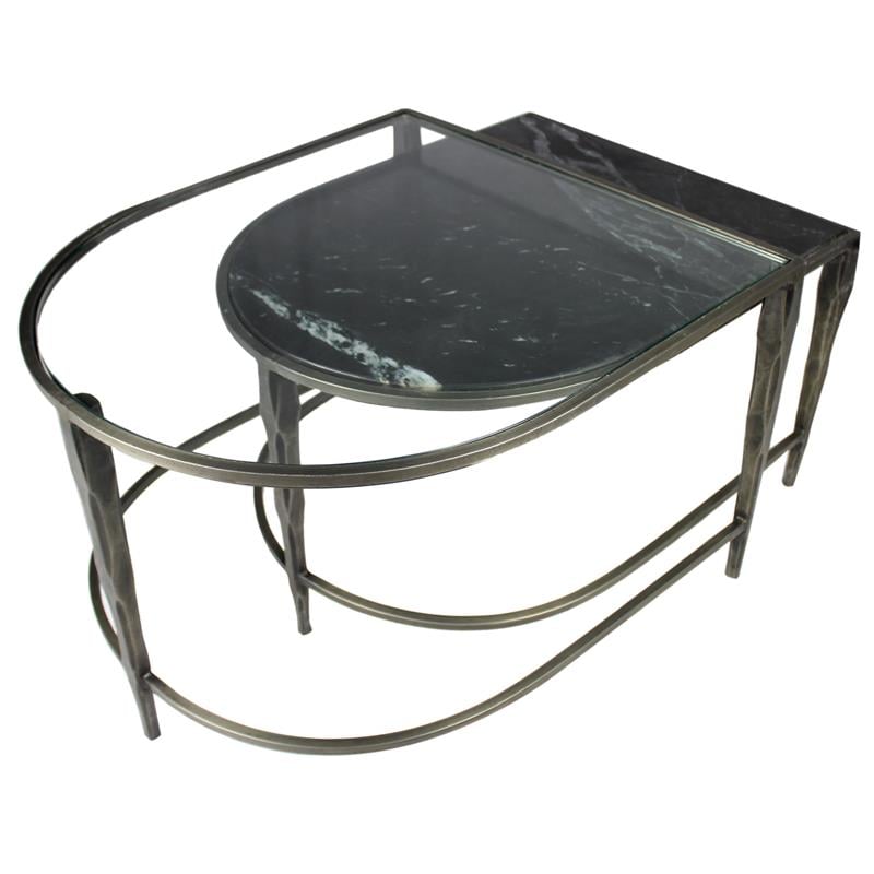 Pemberly Row Cast Iron Nesting Cocktail Tables with Glass and Marble in Gold