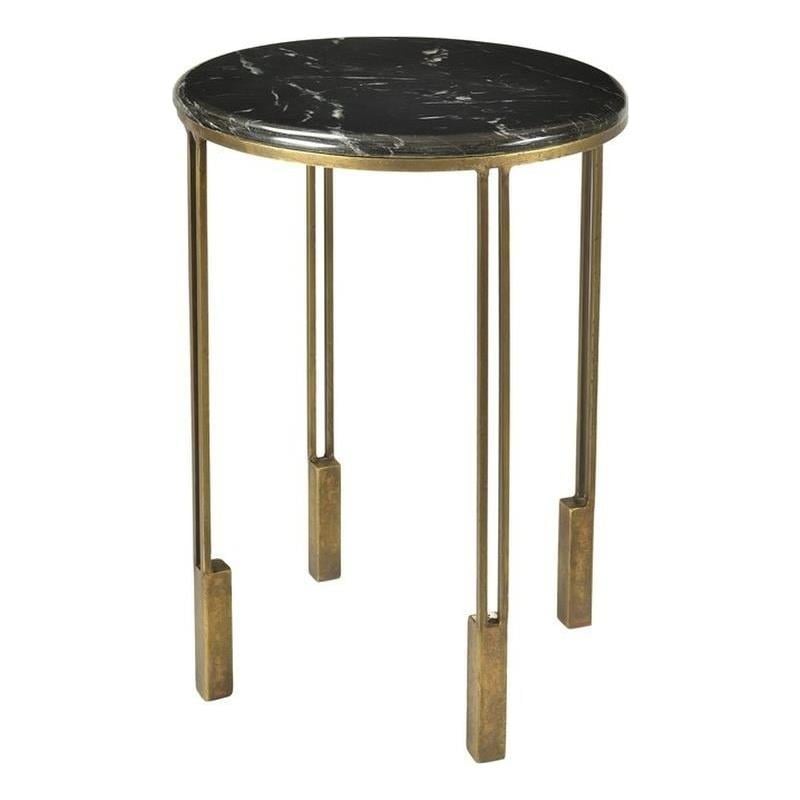 Pemberly Row Art Deco Cast Iron Side Table with Dark Gray Marble Top in Gold
