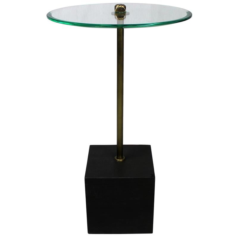 Pemberly Row Art Deco Cast Iron Side Table with Stone Base & Glass Top in Black