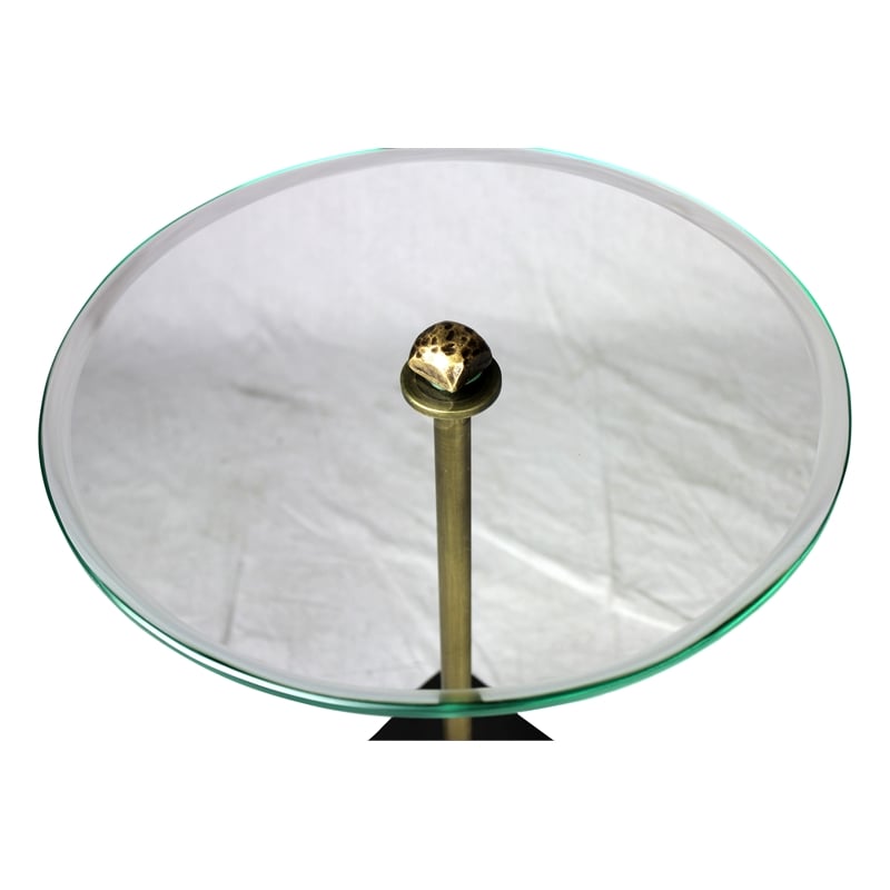 Pemberly Row Art Deco Cast Iron Side Table with Stone Base & Glass Top in Black