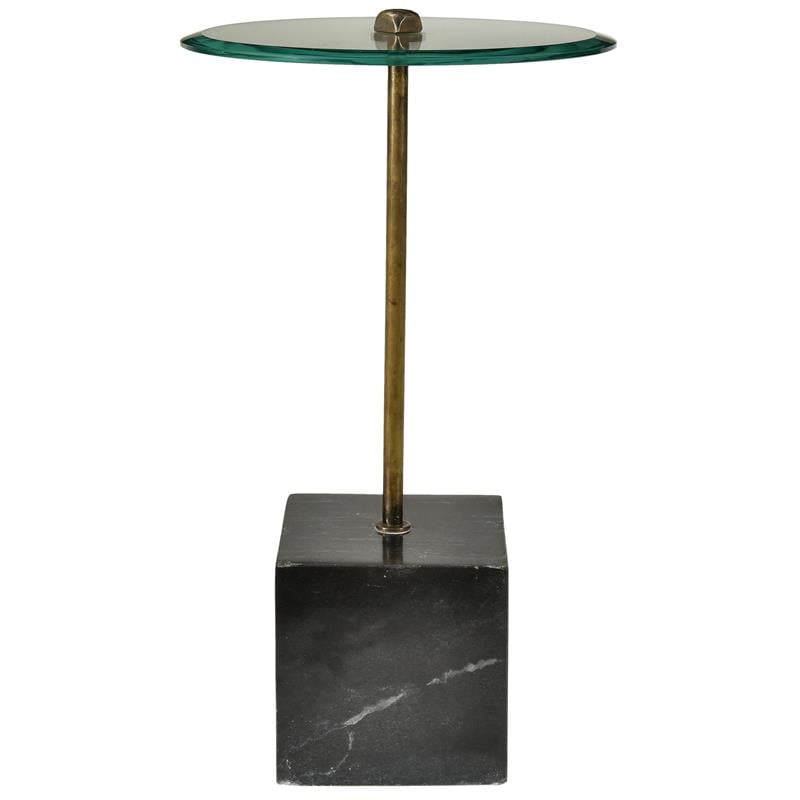 Pemberly Row Art Deco Cast Iron Side Table with Stone Base & Glass Top in Black