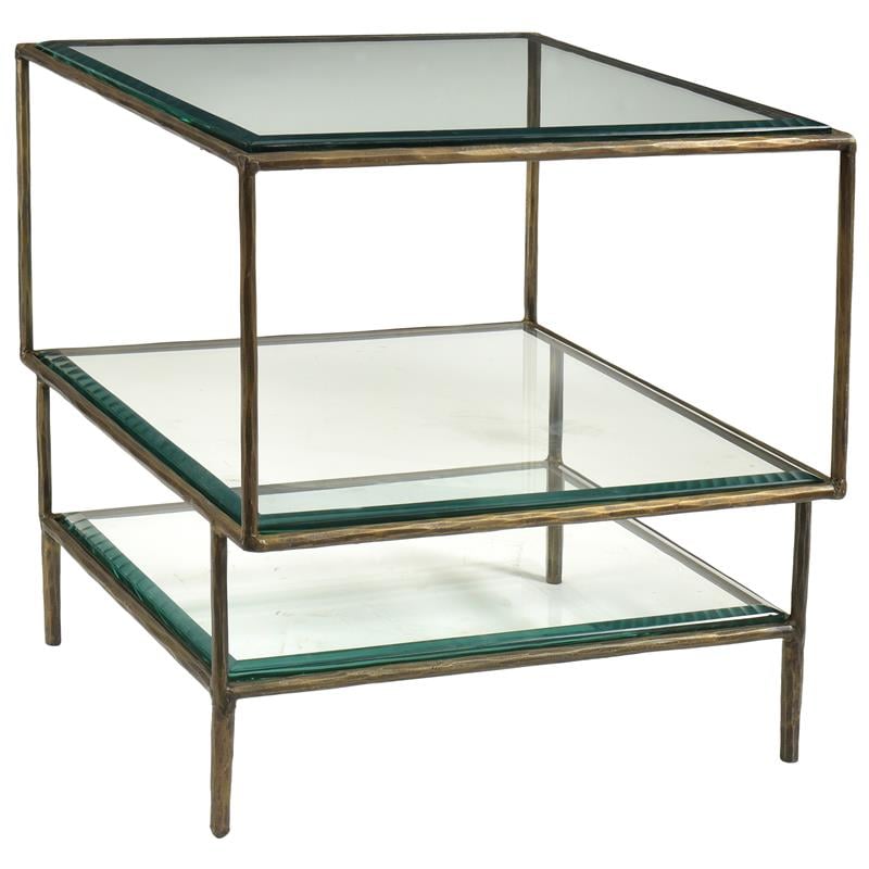 Pemberly Row Cast Iron Side Table with 3 Glass Tops in Antique Brass