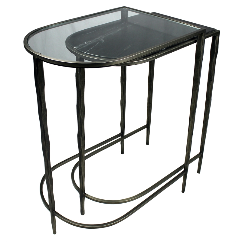 Pemberly Row Gold Nesting Console Tables with Glass & Marble on Iron (Set of 2)