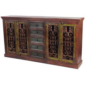 Pemberly Row 4-Door 5-Drawer Hand-Carved Acacia and Mango Wood Buffet in Brown