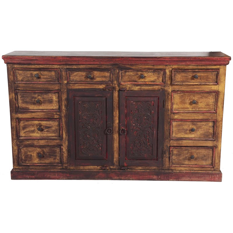 Pemberly Row 2-Door 10-Drawer Hand-Carved Acacia and Mango Wood Buffet in Brown