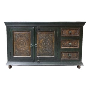 Pemberly Row 2-Door 3-Drawer Hand-Carved Mango Wood Buffet in Green and Brown