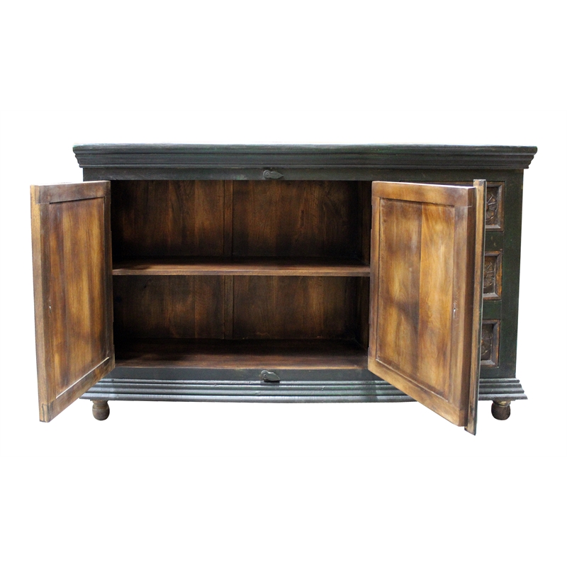 Pemberly Row 2-Door 3-Drawer Hand-Carved Mango Wood Buffet in Green and Brown