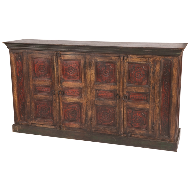Pemberly Row 4-Door Hand-Carved Kiln-Dried Mango Wood Buffet in Multi-Color