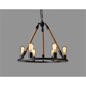 Pemberly Row Cast Iron and Jute Frame 6-Light Pendant in Black