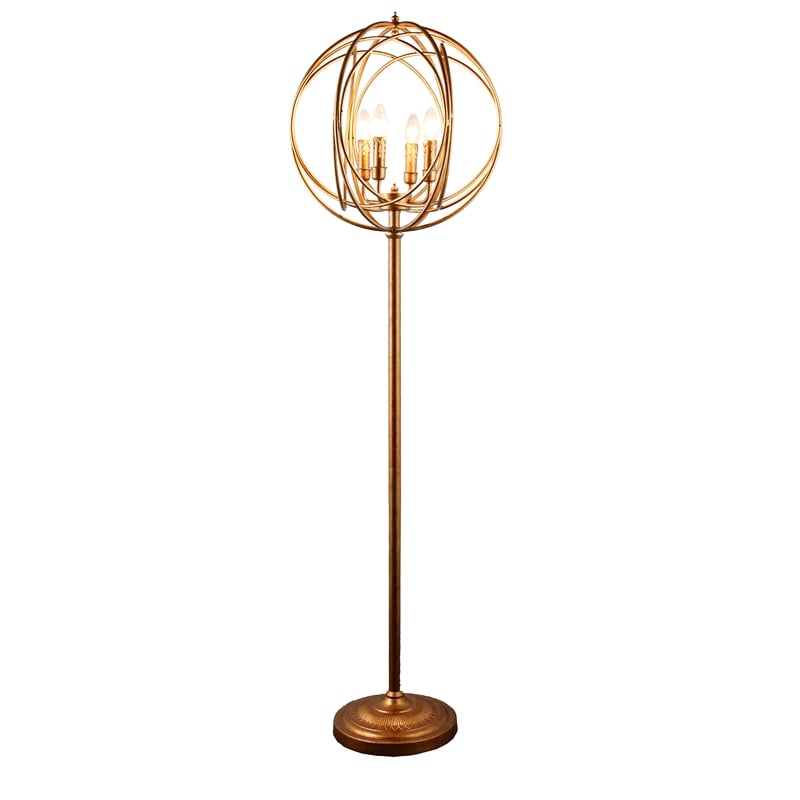 Pemberly Row 4-Light Spherical Cage Floor Lamp in Antique Gold Cast Iron