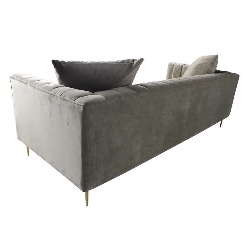Pemberly Row Channel-Tufted Sofa with 2 Pillows and Gold Legs in Beige Velvet