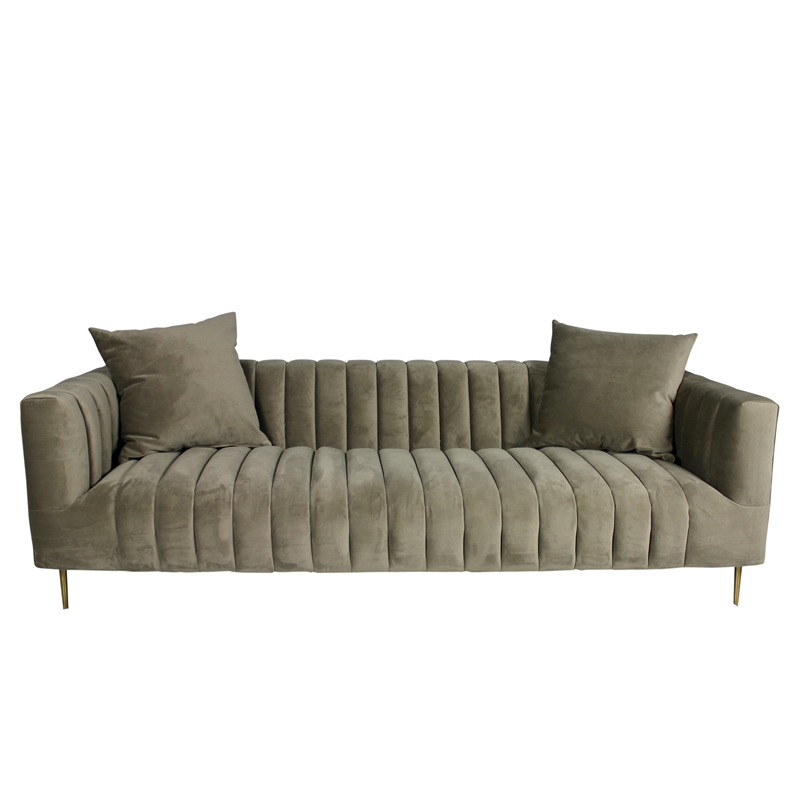 Pemberly Row Channel-Tufted Sofa with 2 Pillows and Gold Legs in Beige Velvet