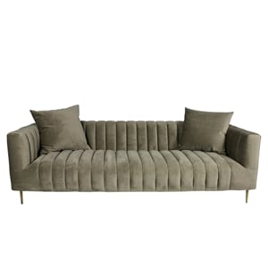 Pemberly Row Channel-Tufted Sofa with 2 Pillows and Gold Legs in Beige Velvet