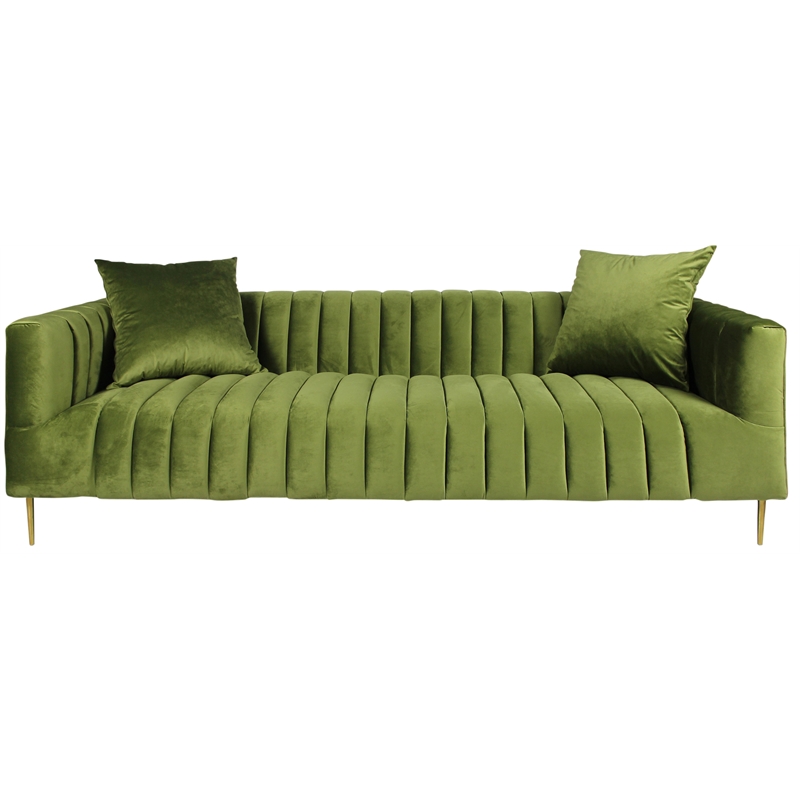 Pemberly Row Channel-Tufted Sofa with Gold Legs and 2 Pillows in Green Velvet