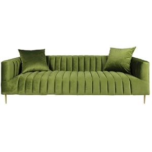 Pemberly Row Channel-Tufted Sofa with Gold Legs and 2 Pillows in Green Velvet