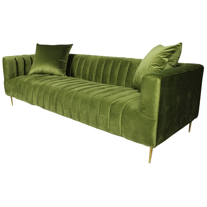 Pemberly Row Channel-Tufted Sofa with Gold Legs and 2 Pillows in Green Velvet