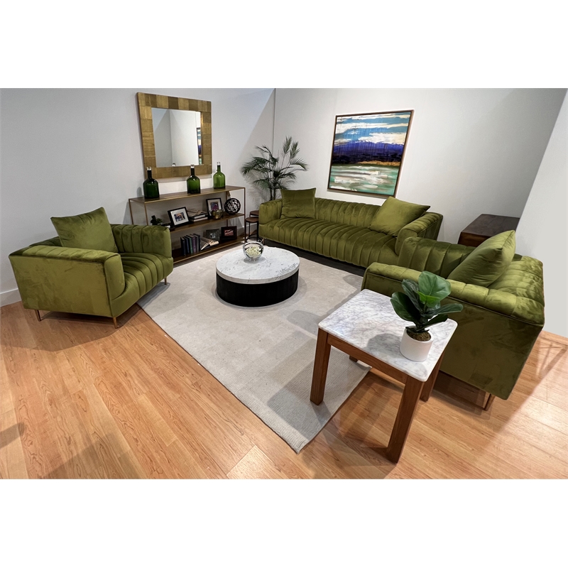 Pemberly Row Channel-Tufted Sofa with Gold Legs and 2 Pillows in Green Velvet