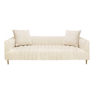 Pemberly Row Channel-Tufted Sofa with Gold Legs and 2 Pillows in Ivory Velvet