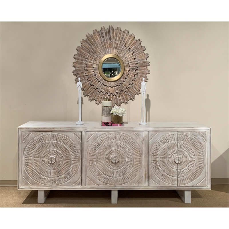 Pemberly Row 6-Door Hand-Carved Acacia Wood Cabinet on 3 Legs in White