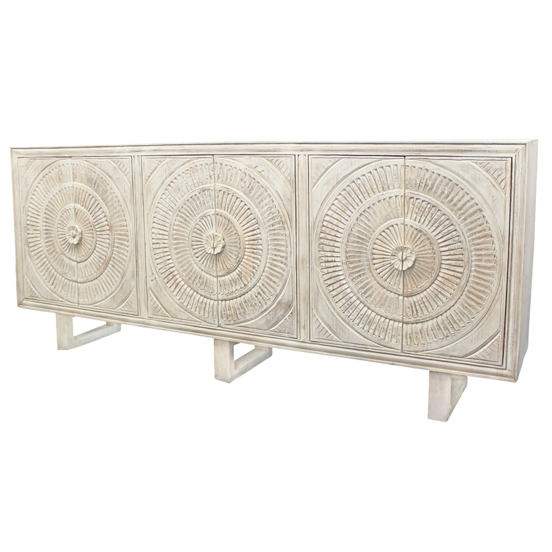 Pemberly Row 6-Door Hand-Carved Acacia Wood Cabinet on 3 Legs in White