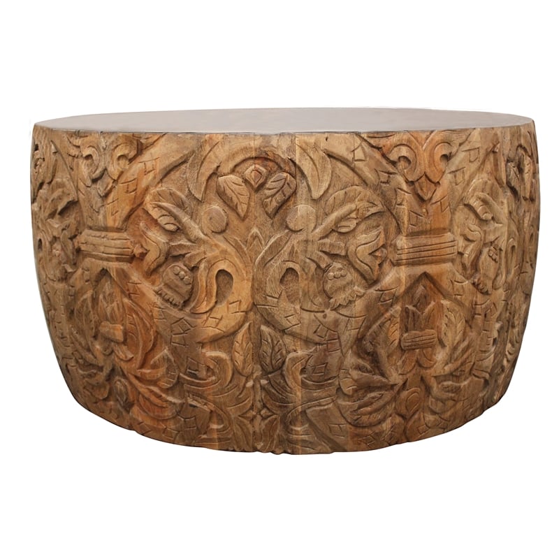 Pemberly Row Hand-Carved Hexagon Wood Cocktail Table with Zinc Top in Natural