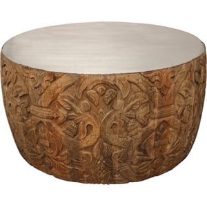 Pemberly Row Hand-Carved Hexagon Wood Cocktail Table with Zinc Top in Natural