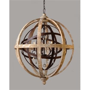 Pemberly Row Cast Iron and Solid Wood Globe Pendant with Crystals in Brown