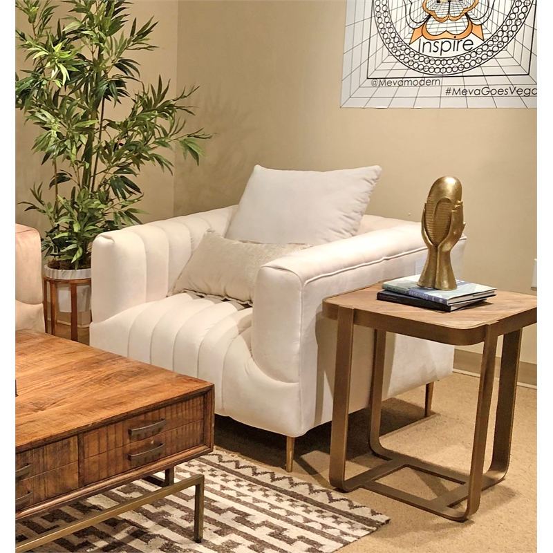 Pemberly Row Channel-Tufted Lounge Chair with Gold Legs in Ivory Velvet