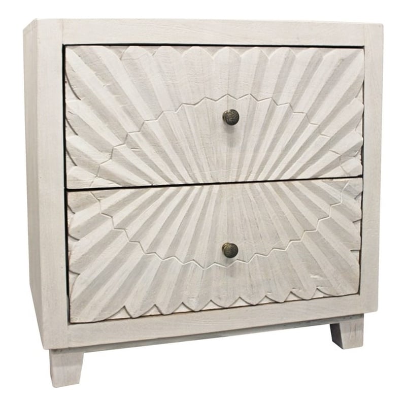 Pemberly Row 2-Drawer Mango Wood Nightstand with Hand-Carved Detail - White Wash