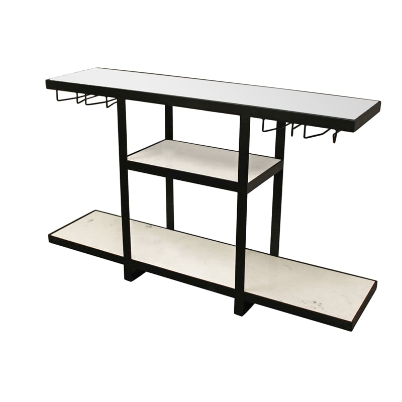 Pemberly Row Cast Iron Bar Console with Marble Shelves and Glass Top in Black